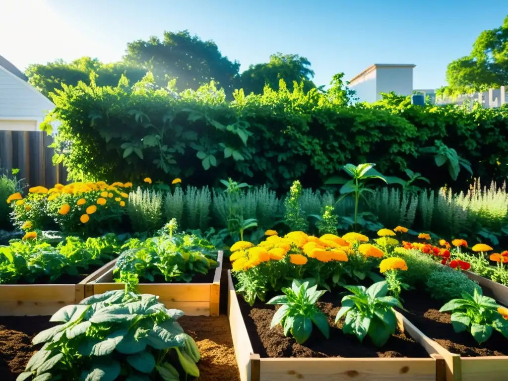 Un jardín urbano con plantas compañeras en agricultura urbana