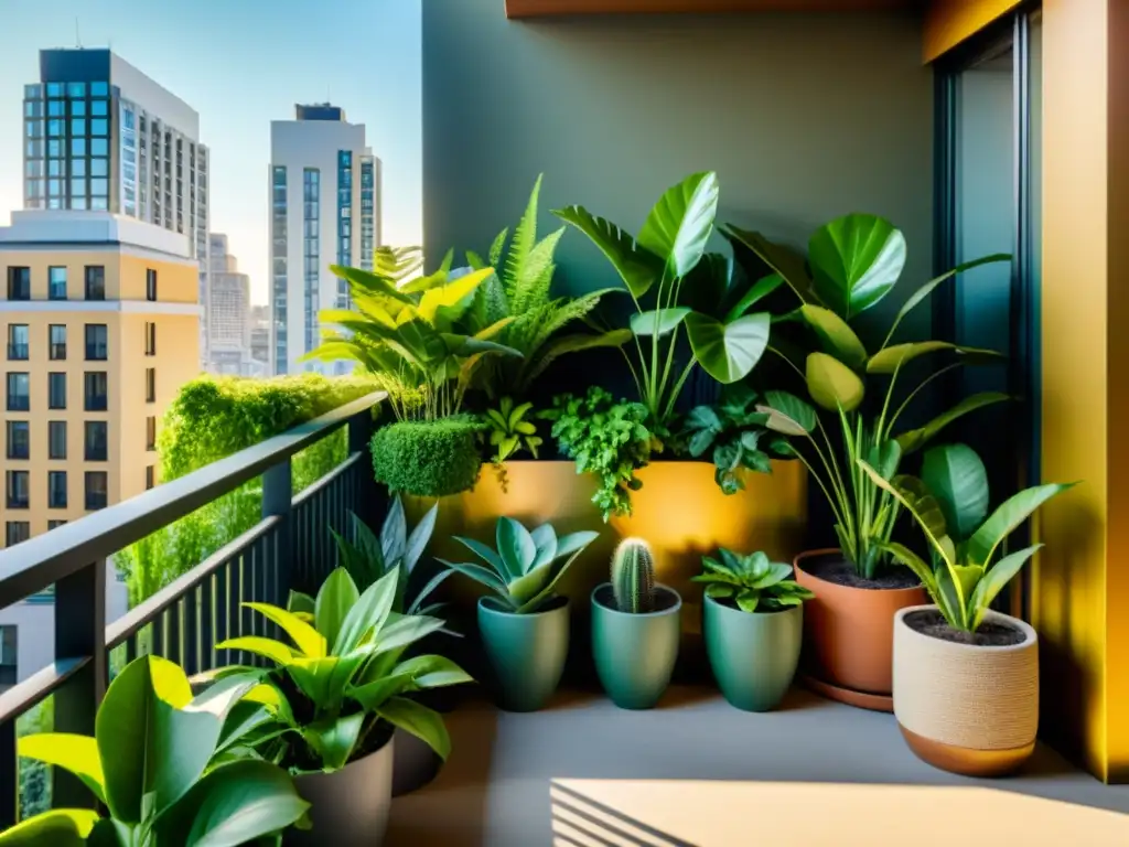 Balcon urbano con plantas vibrantes, un oasis de tranquilidad