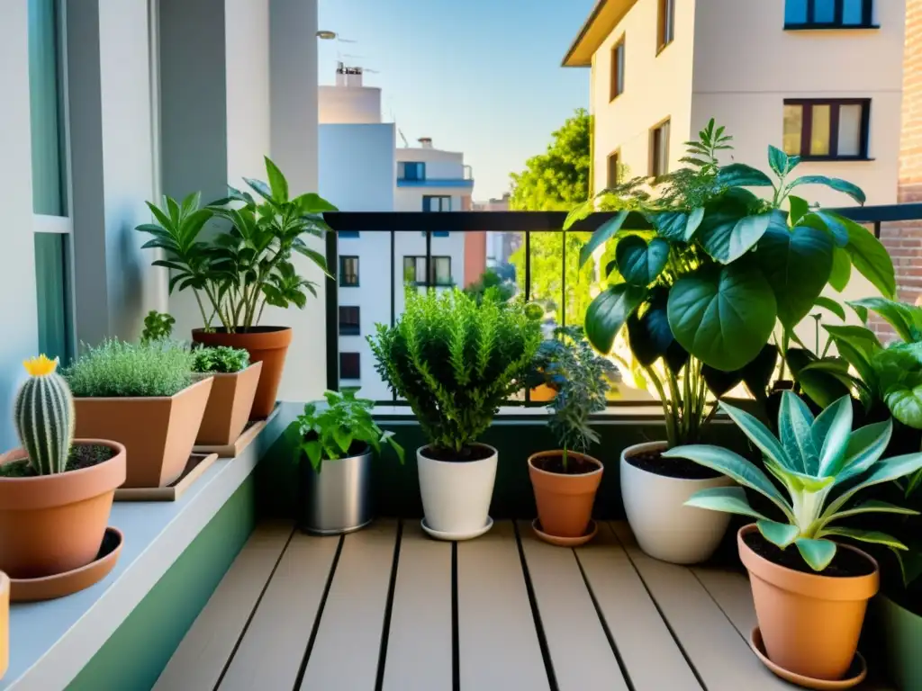 Un jardín de balcón urbano con variedad de plantas en macetas