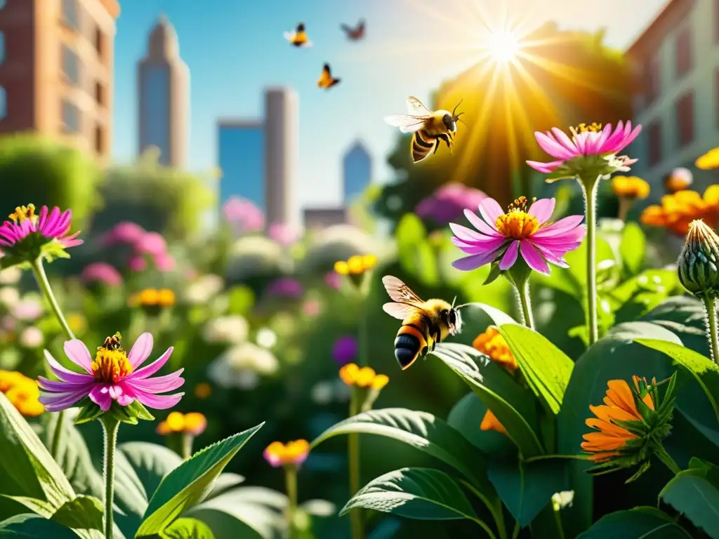 Jardín urbano vibrante, atrae abejas y mariposas urbanas con flores coloridas en 8k