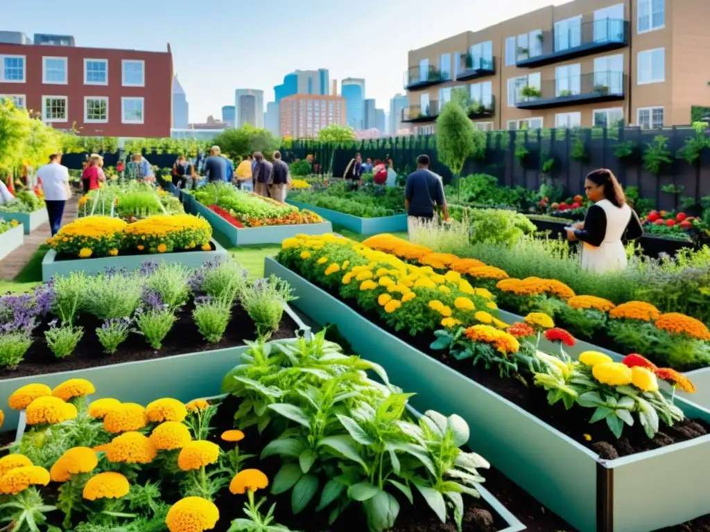 Un jardín urbano vibrante y bullicioso lleno de plantas compañeras como caléndulas, albahaca y tomates