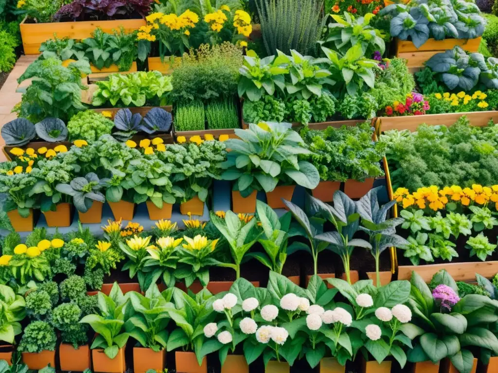 Jardín urbano vibrante con cultivos coloridos, flores y vida natural