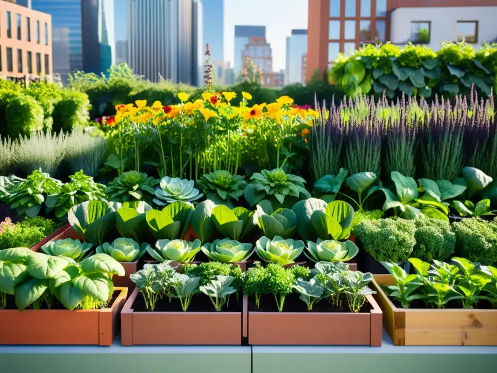 Un jardín urbano vibrante y detallado en el corazón de la ciudad, mostrando la integración de la economía circular y la agricultura urbana