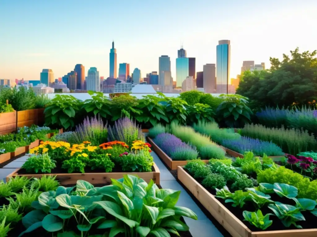 Jardín urbano vibrante con plantas compañeras en agricultura urbana, creando armonía entre la naturaleza y la ciudad