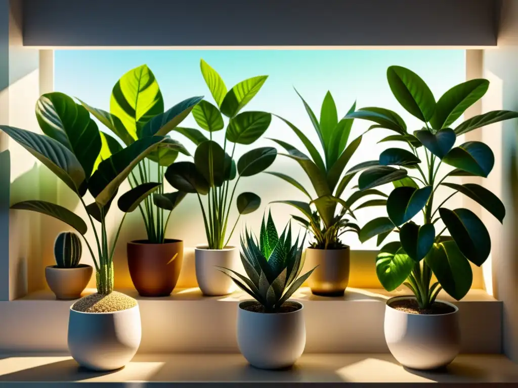 Variedad de plantas de interior en estantes, iluminadas por el sol con sombras detalladas