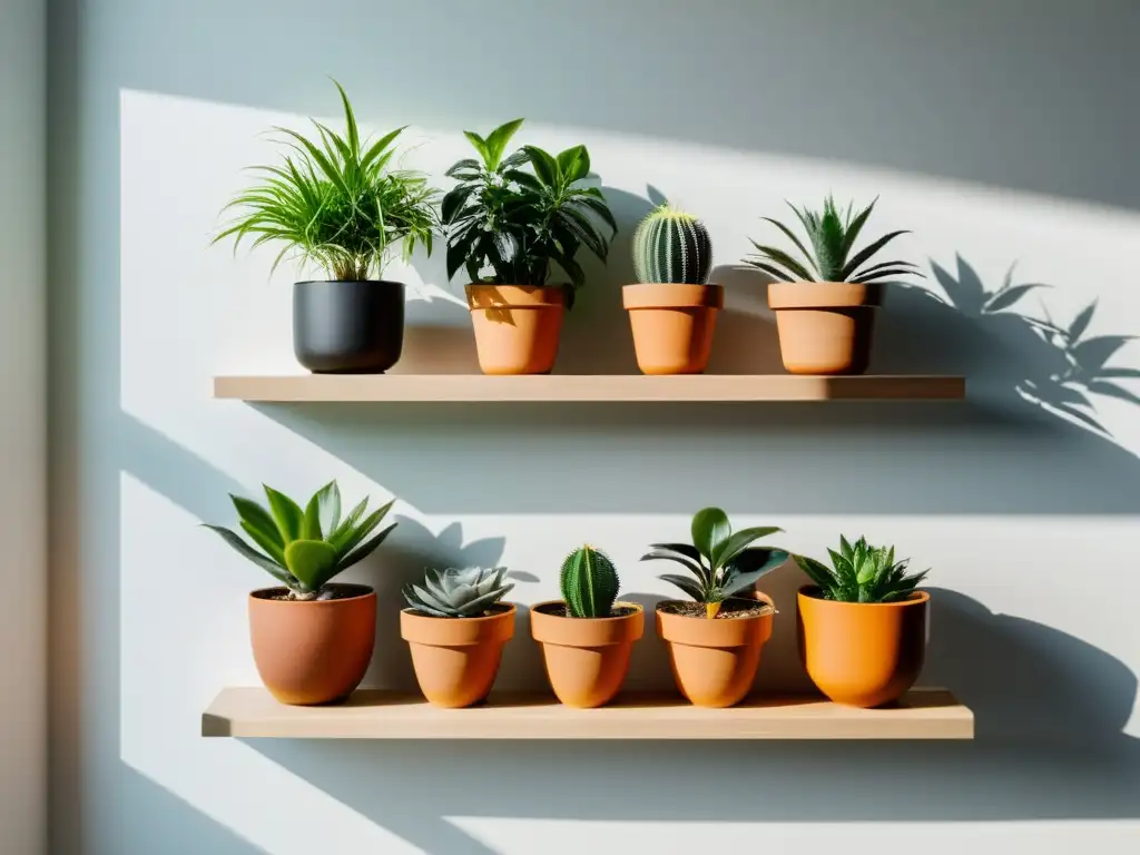 Variedad de plantas en macetas exhibidas en estantes flotantes blancos, creando un ambiente sereno y moderno