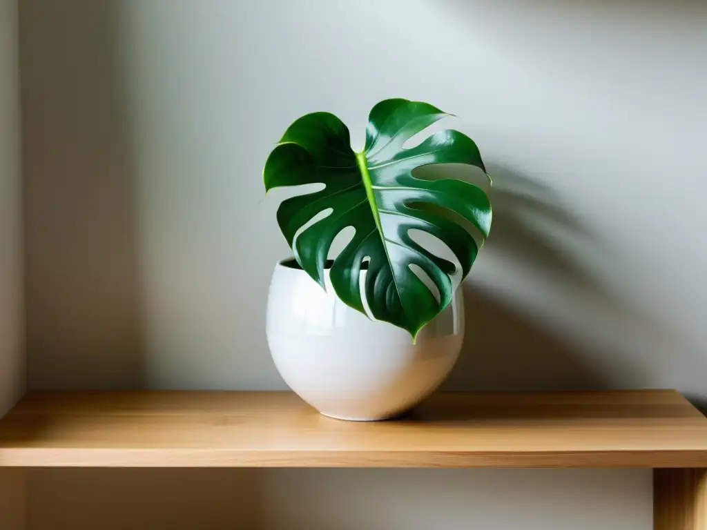 Vasija de cerámica blanca con hoja de monstera verde en estante de madera natural