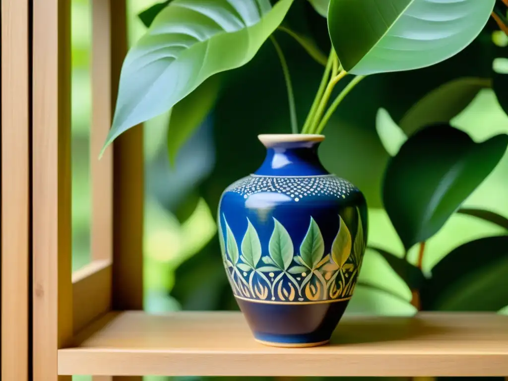 Vasija de cerámica para plantas con patrones florales pintados a mano, en armonía con la exuberante vegetación