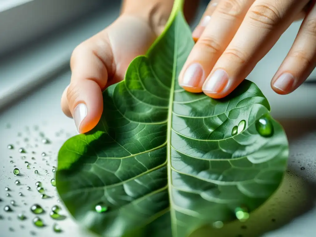 Clonación vegetal en plantas de interior: Corte cuidadoso de una hoja verde en un ambiente luminoso y minimalista