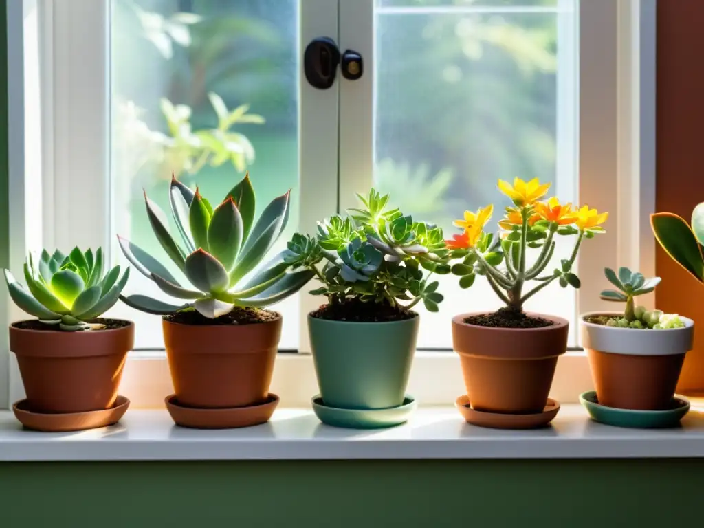 Ventana soleada con plantas en macetas: suculentas, hierbas y flores