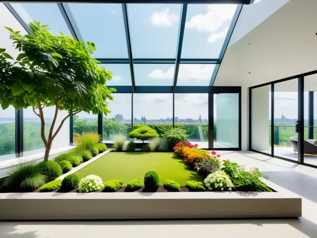 Un jardín verde en azotea transmite tranquilidad, rodeado de arquitectura moderna con grandes ventanales