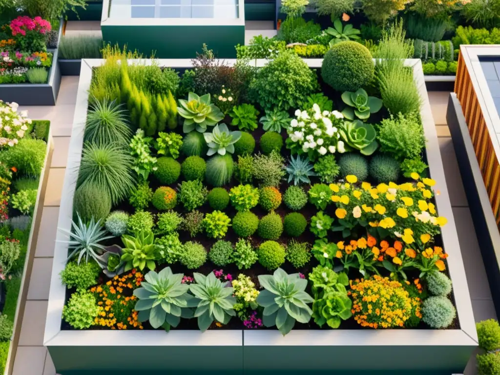 Un jardín de techo verde cuidado florece en estaciones vibrantes, con plantas y flores en patrones geométricos