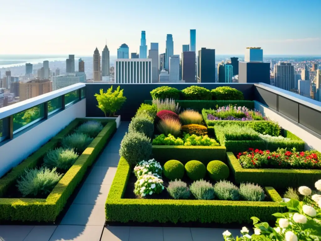 Un jardín verde expansivo en la azotea con plantas exuberantes y vibrantes, creando un oasis de tranquilidad y belleza natural