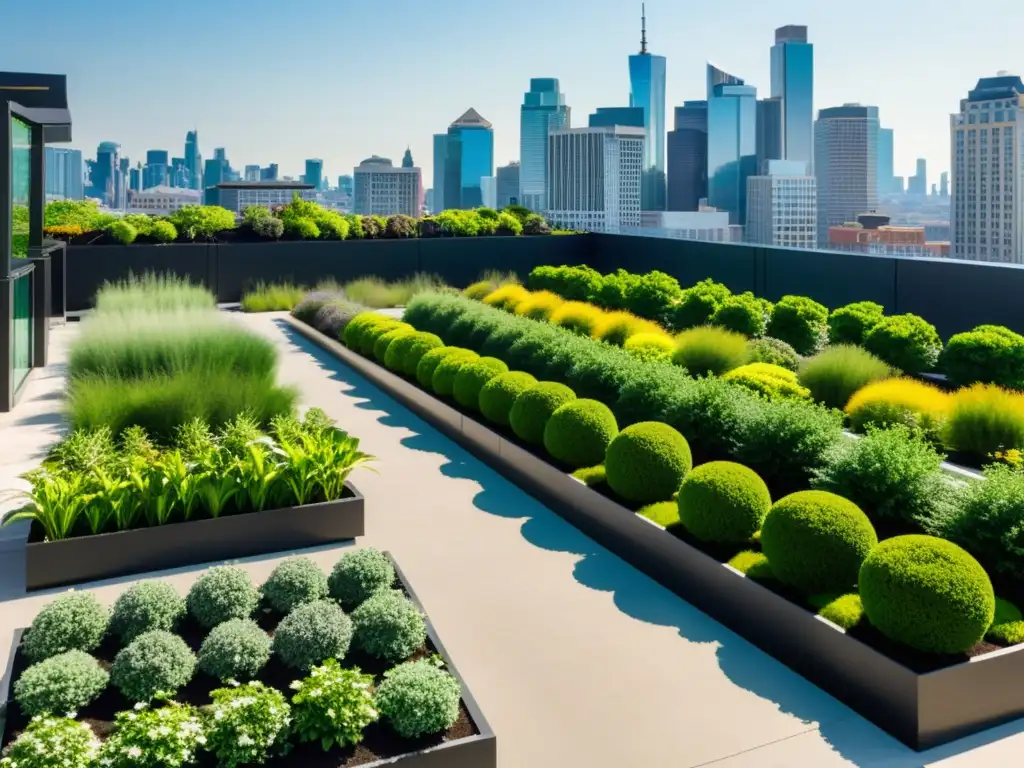 Un jardín verde exuberante en la azotea de un edificio urbano, con plantas vibrantes y árboles pequeños bajo el sol