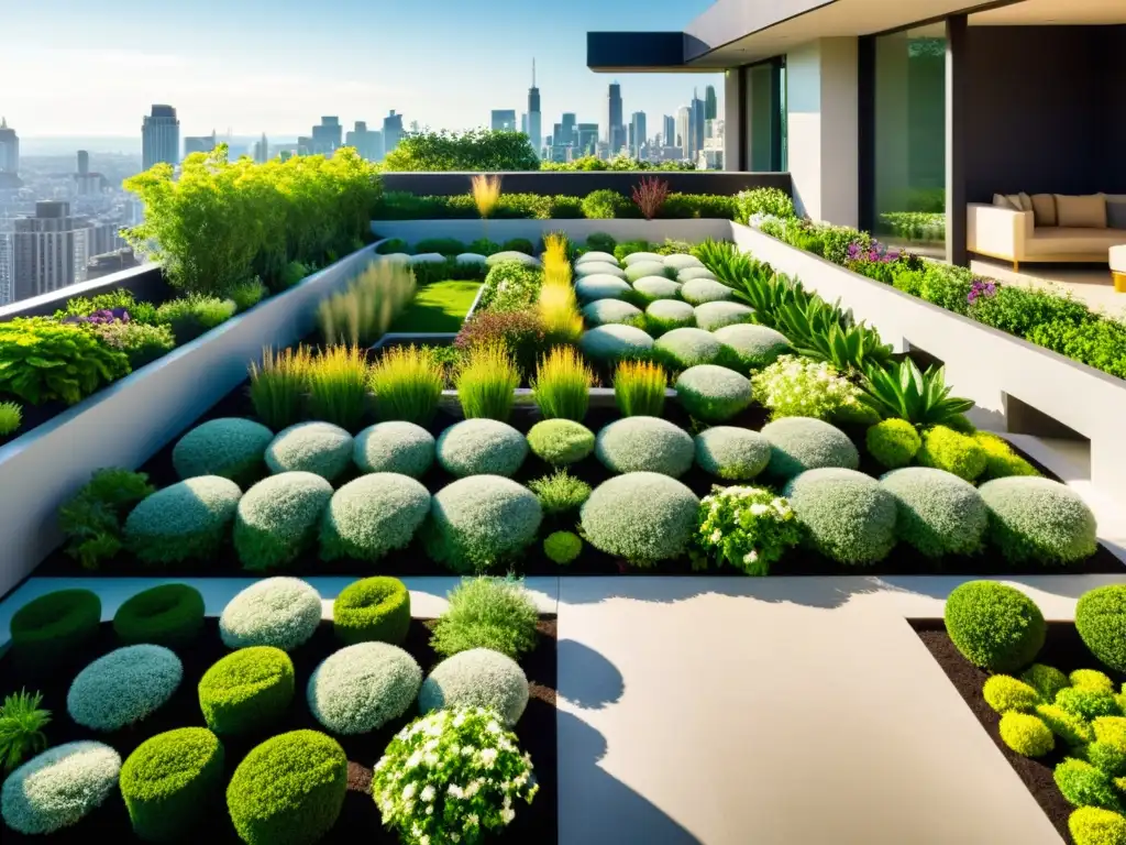 Un jardín verde exuberante en la azotea con plantas vibrantes y flores, creando un ambiente tranquilo