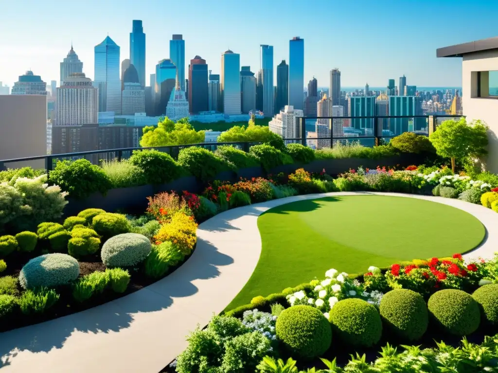 Un jardín verde exuberante en la azotea con variedad de plantas y flores, creando un efecto isla en contraste con el entorno urbano