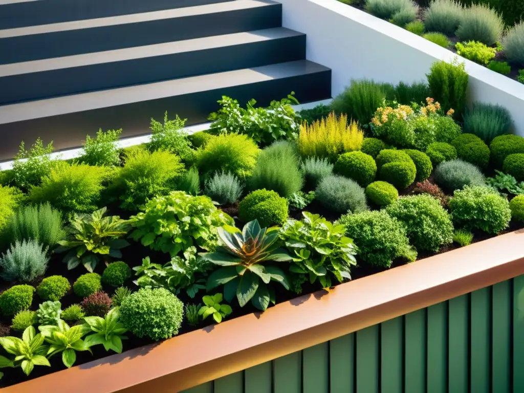 Un jardín de techo verde exuberante y saludable, con plantas vibrantes y alturas variadas