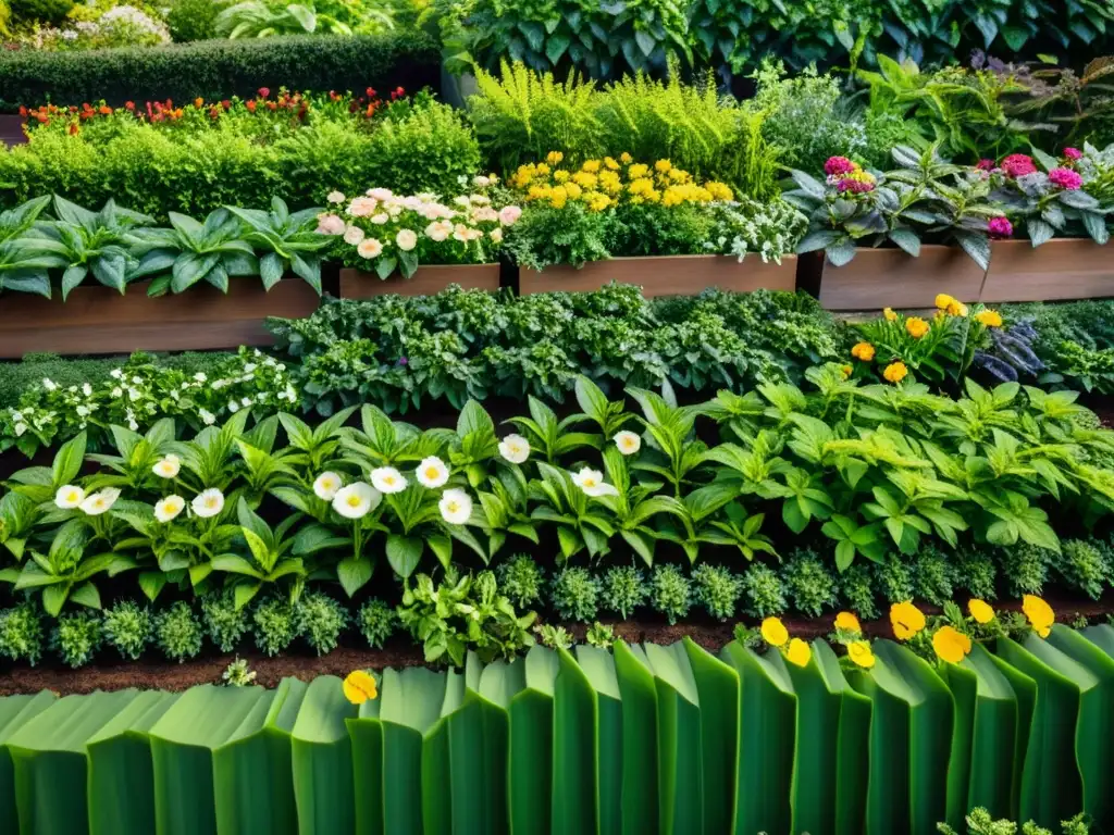 Un jardín verde exuberante en un techo, con plantas y flores vibrantes en filas ordenadas