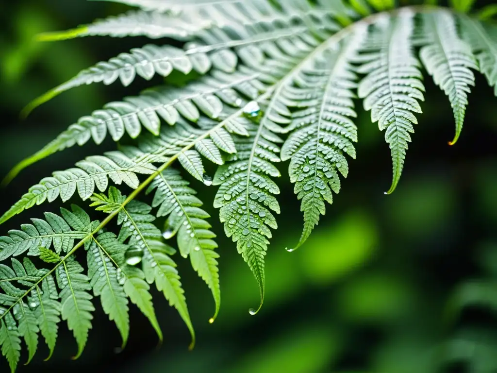 Fotografía de helecho verde en jardín sombrío con gotas de agua, iluminación natural para jardín de sombra