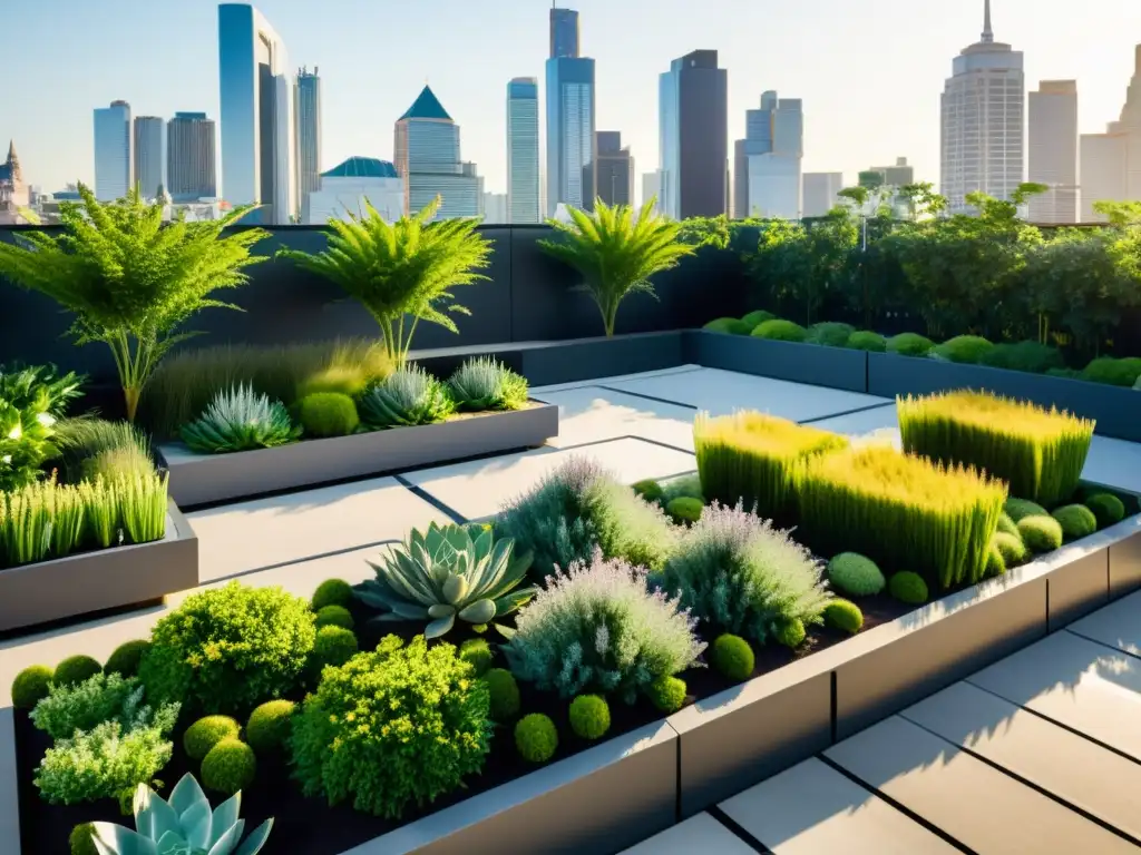 Un jardín de techo verde sostenible interior, con plantas vibrantes en geometría urbana y arquitectura minimalista