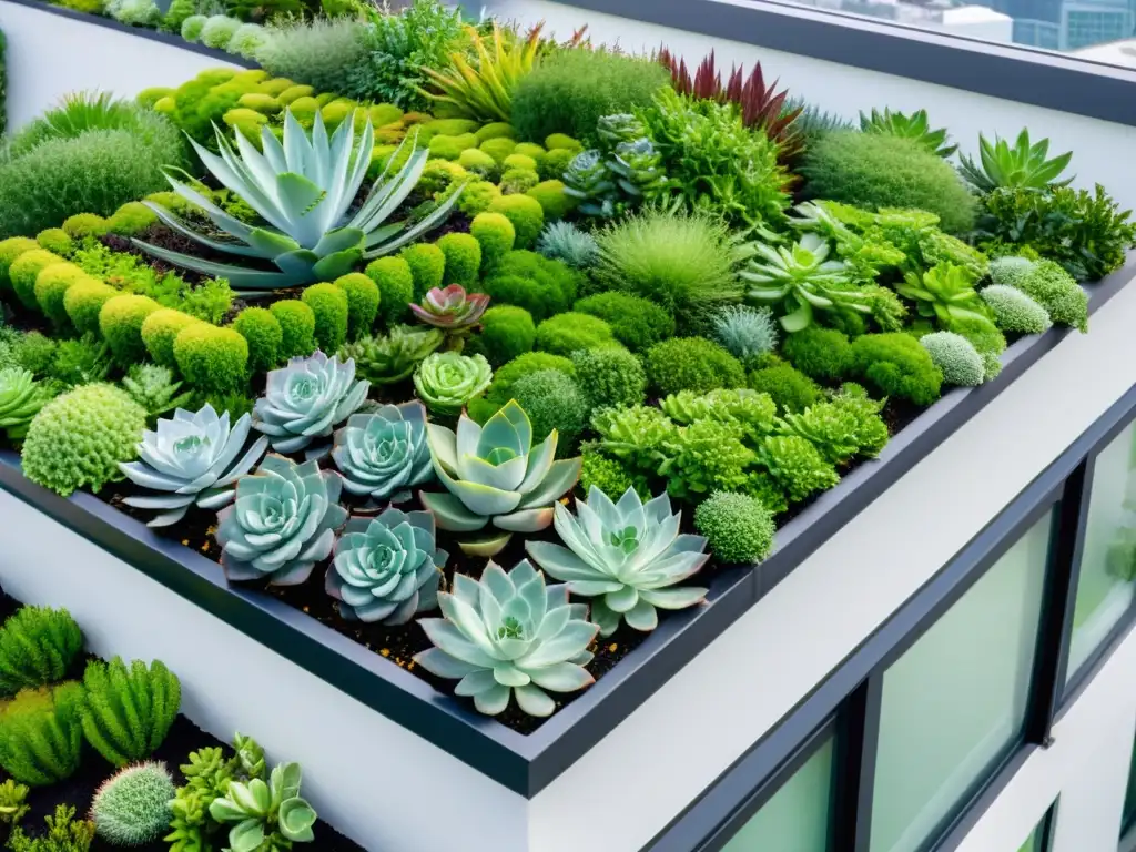 Un jardín de techo verde sostenible con plantas en macetas geométricas, creando un oasis interior de tranquilidad y elegancia ecofriendly