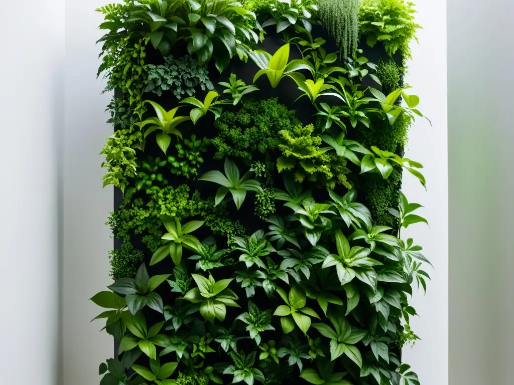 Diseño verde vertical para interiores: Imponente jardín vertical con exuberante vegetación en un elegante macetero moderno, contrastando con una pared blanca