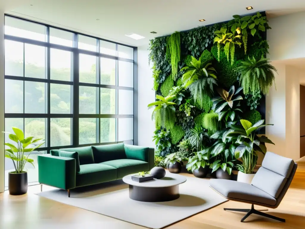 Diseño verde vertical para interiores: Sala minimalista con jardín vertical lleno de plantas vibrantes, iluminada por luz natural