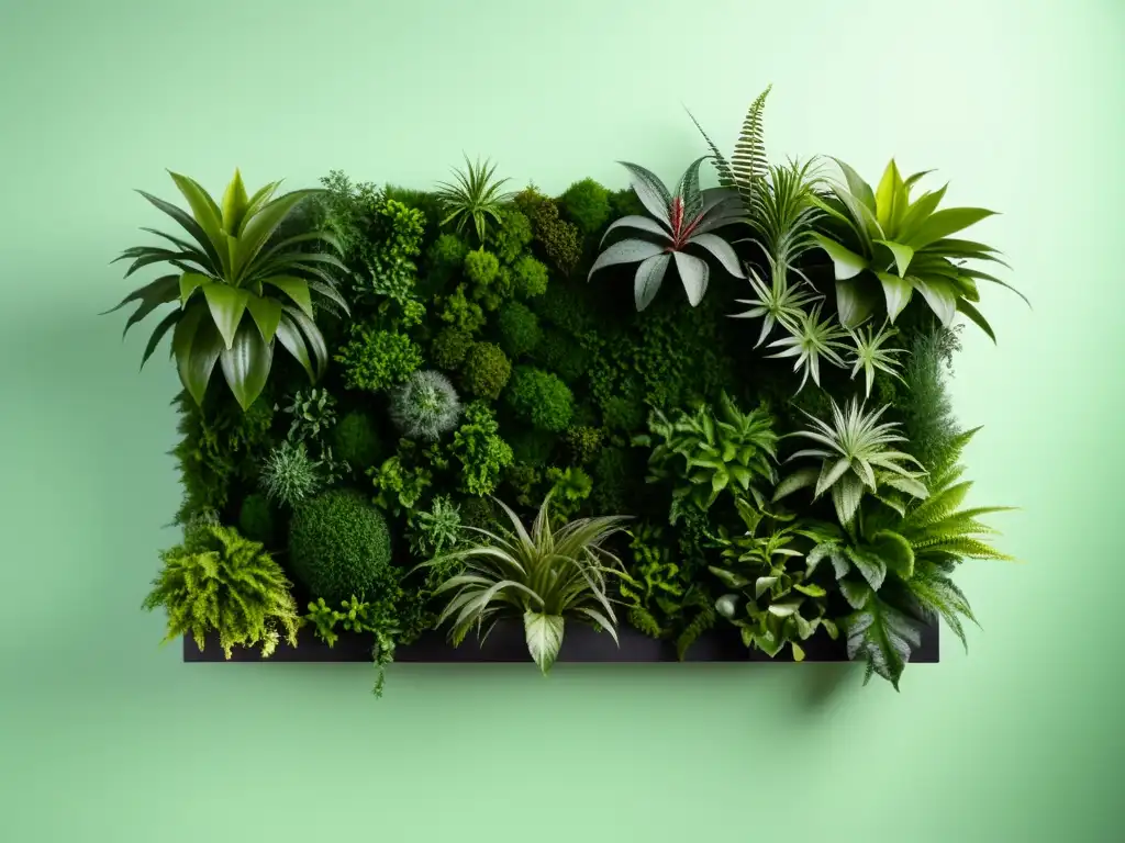 Diseño verde vertical para interiores: Jardín vertical minimalista con helechos, musgo y plantas aéreas en un muro neutro