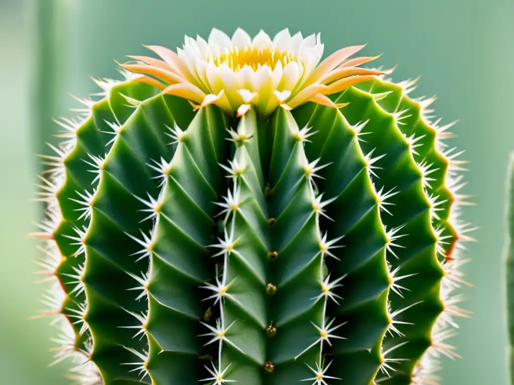 Cactus verde vibrante con patrones simétricos de espinas y delicadas flores blancas, iluminado por una suave luz cálida