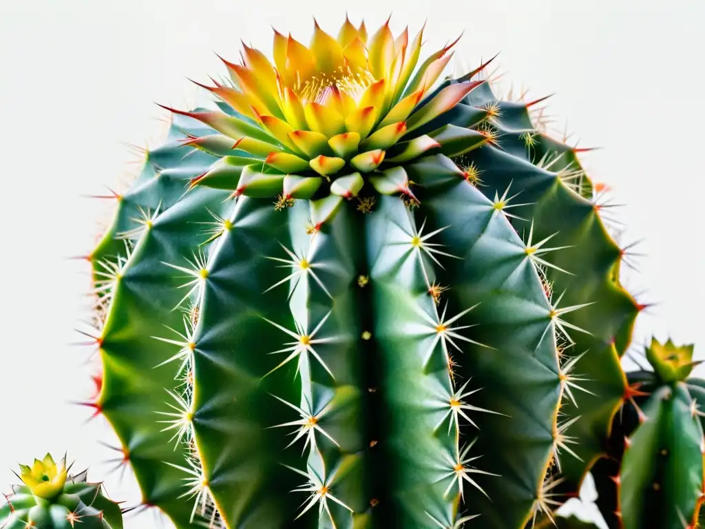 Cactus verde vibrante en primer plano, con patrones espinosos, sobre fondo blanco