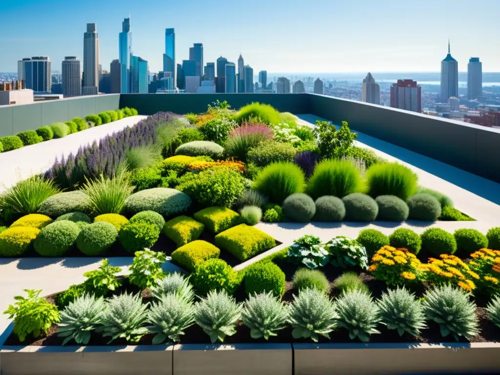 Jardín de techo verde vibrante con biodiversidad urbana, contraste natural con el horizonte moderno