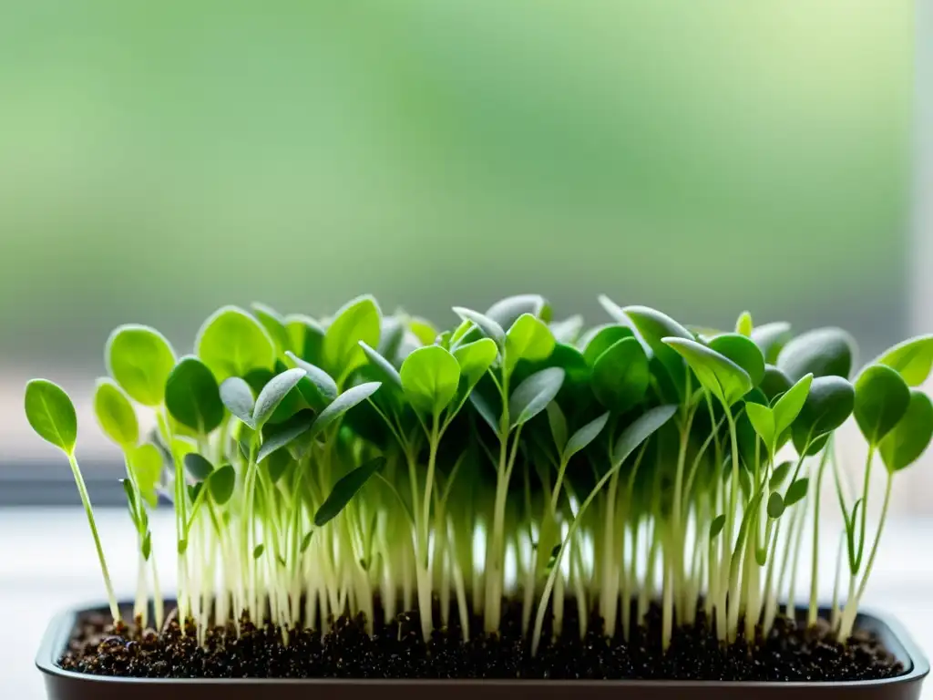 Microgreens exuberantes en moderno plantero interior Microgreens verdes y vibrantes creciendo en un moderno cultivador en interiores