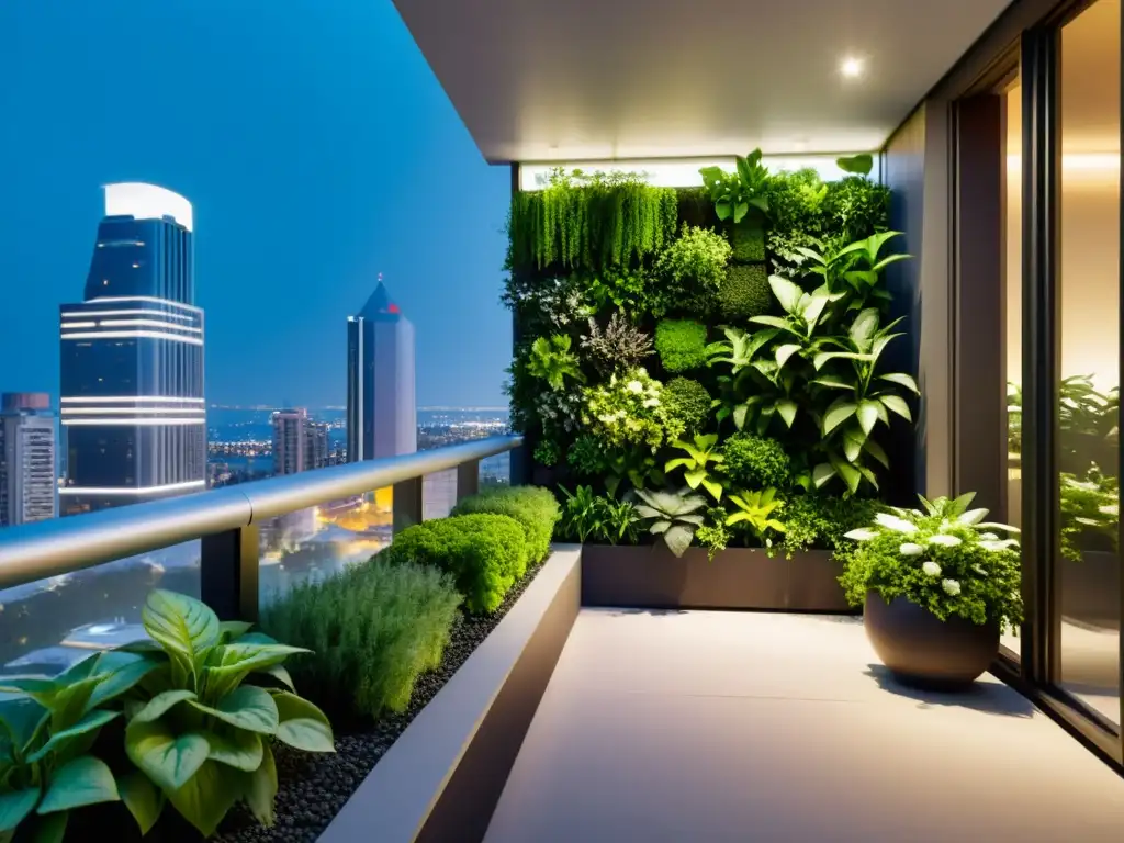 Un jardín vertical en un balcón urbano con plantas de interior en espacios reducidos, integrando naturaleza en la ciudad