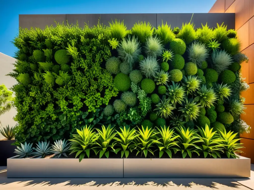 Jardín vertical en clima extremo con plantas resistentes y diseño minimalista, destacando la belleza y la innovación en el espacio