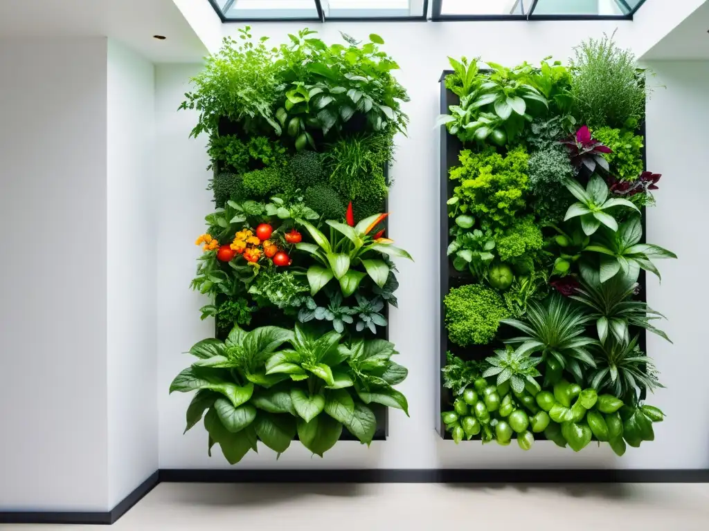 Un jardín vertical comestible en casa, lleno de hierbas y vegetales vibrantes y exuberantes, en un entorno moderno y minimalista