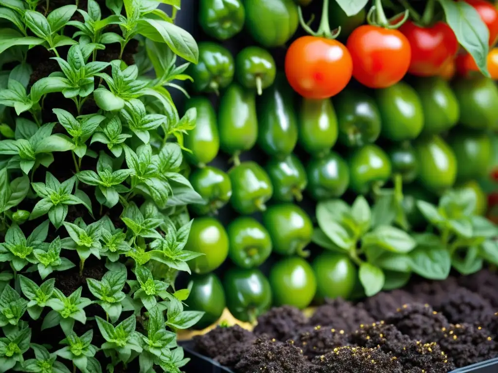 Un jardín vertical comestible en casa, rebosante de hierbas y vegetales vibrantes, bañado por la luz del sol y gotas de agua fresca