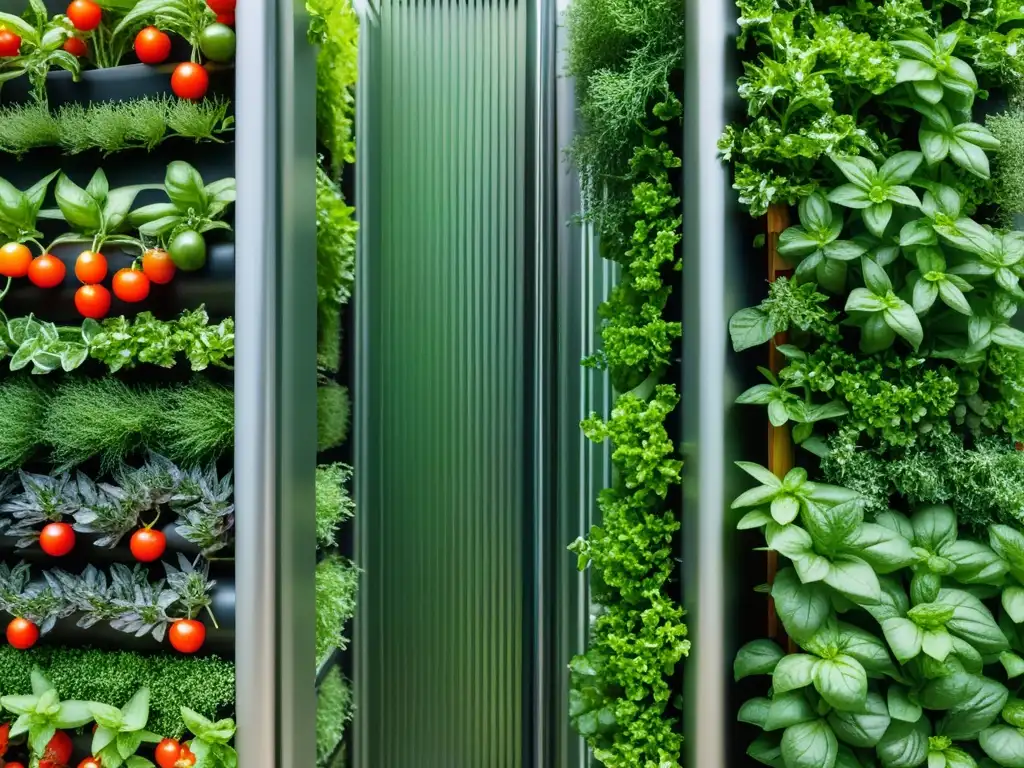 Un jardín vertical comestible en casa, con variedad de hierbas y vegetales verdes en filas ordenadas