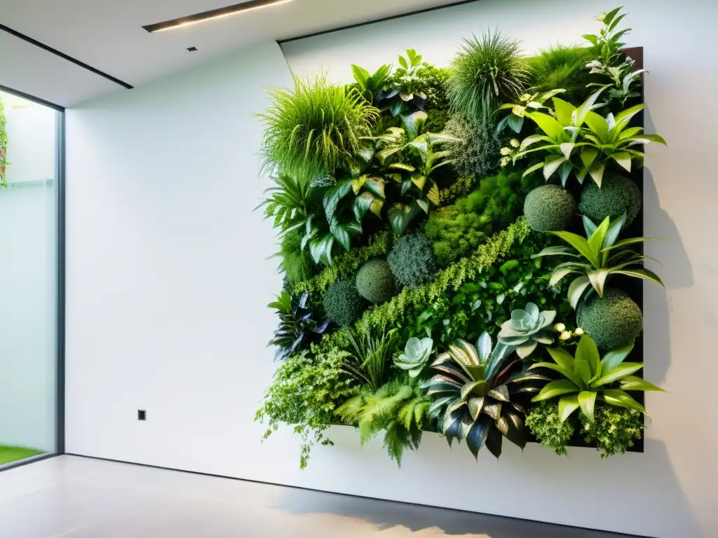 Un jardín vertical de diseño moderno y elegante, con plantas verdes vibrantes en un mural blanco