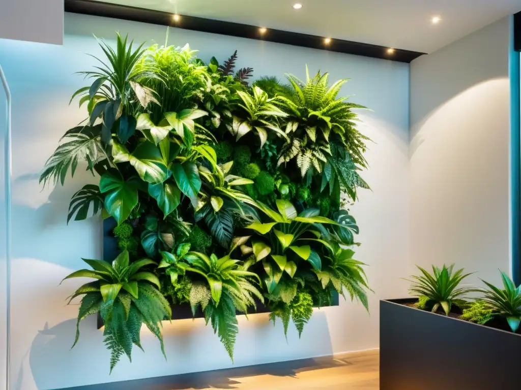 Un jardín vertical interior de diseño, con plantas exuberantes en un marco metálico elegante