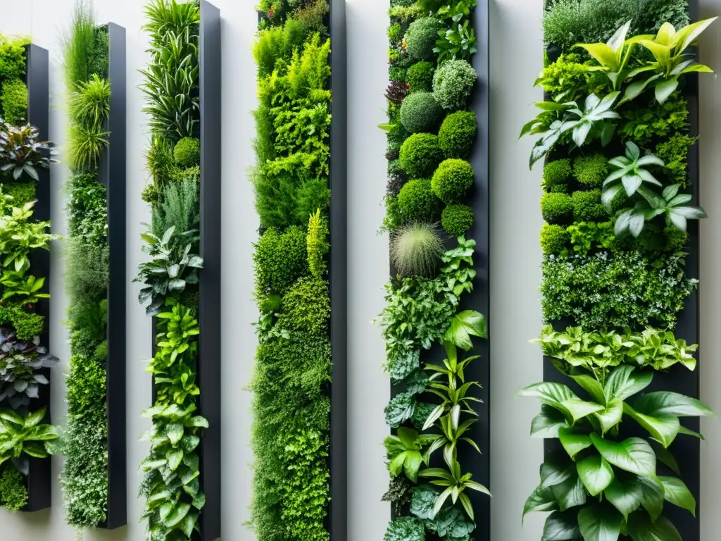 Un jardín vertical elegante y ecoamigable con plantas exuberantes en materiales reciclados