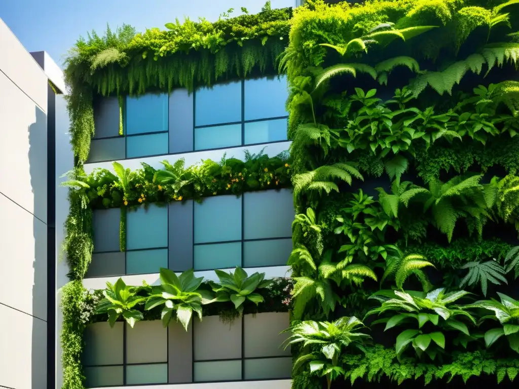 Un jardín vertical exuberante y detallado en un edificio moderno, muestra los beneficios de jardines verticales para salud