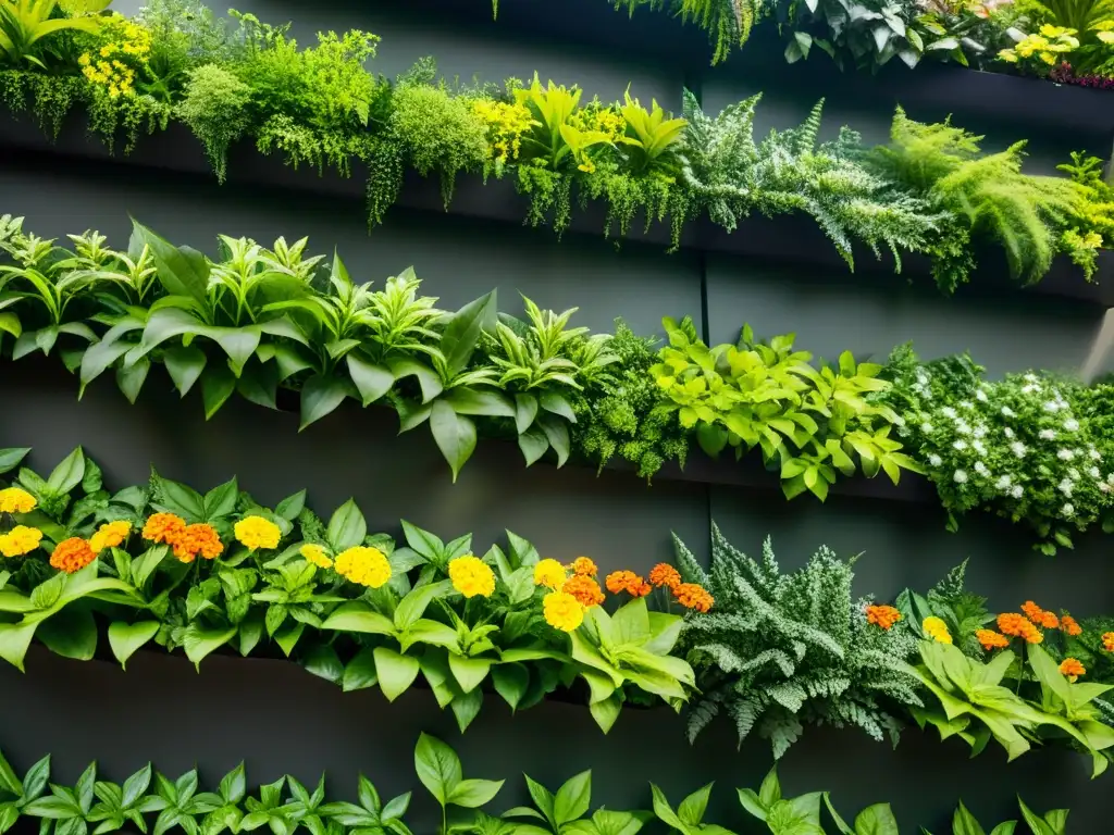 Un jardín vertical exuberante con flores vibrantes y follaje, mostrando la belleza y complejidad de la naturaleza en armonía