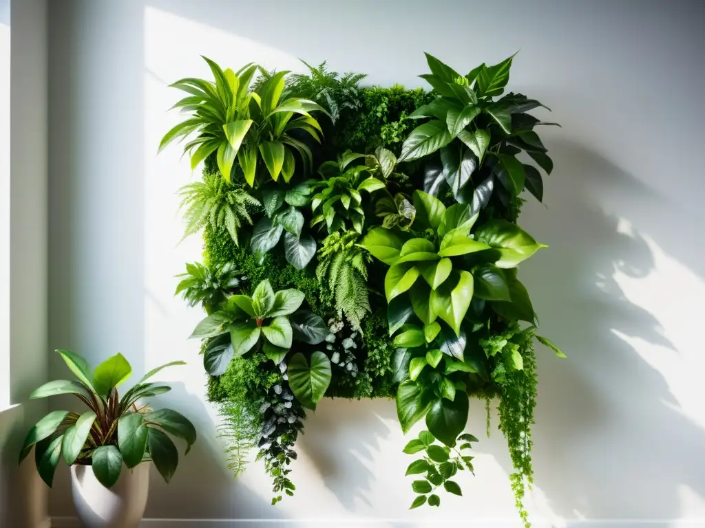 Un jardín vertical exuberante con plantas verdes en cascada sobre un muro blanco, creando un ambiente refrescante