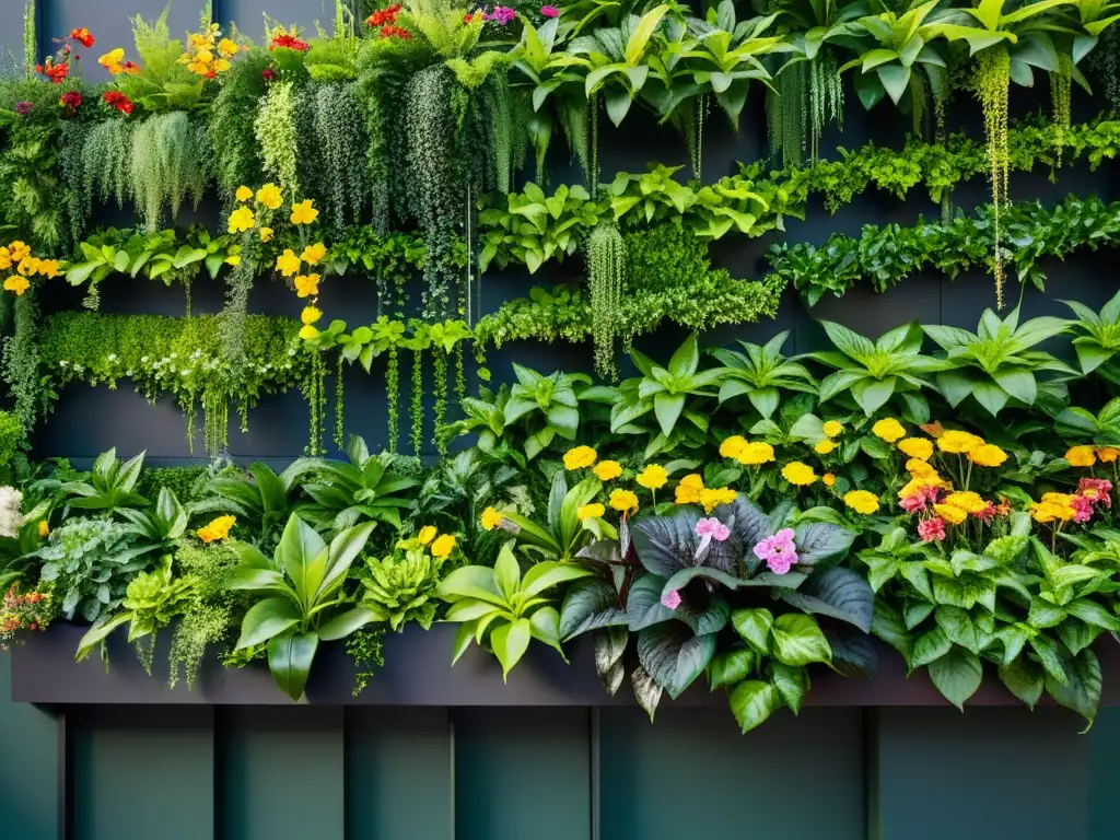 Un jardín vertical exuberante y vibrante, con plantas verdes y flores coloridas