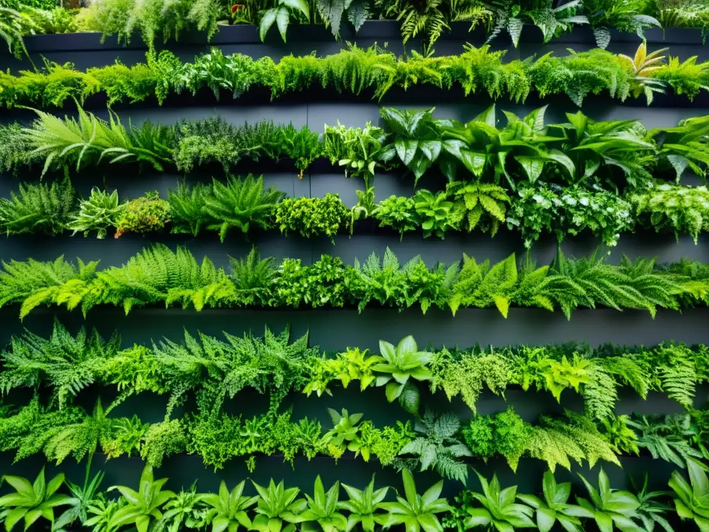 Un jardín vertical exuberante y vibrante para plantas de interior, con una elegancia serena y detalles intrincados