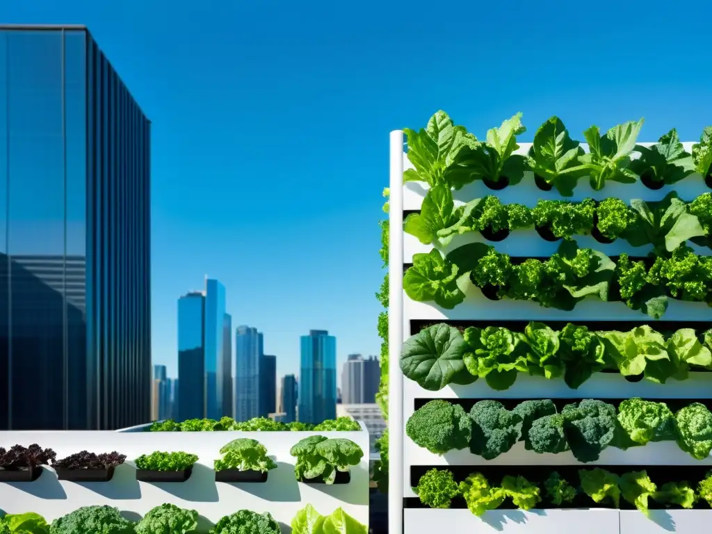 Un jardín vertical hidropónico moderno y elegante en la azotea de la ciudad, con vegetación vibrante en contraste con los rascacielos y el cielo azul