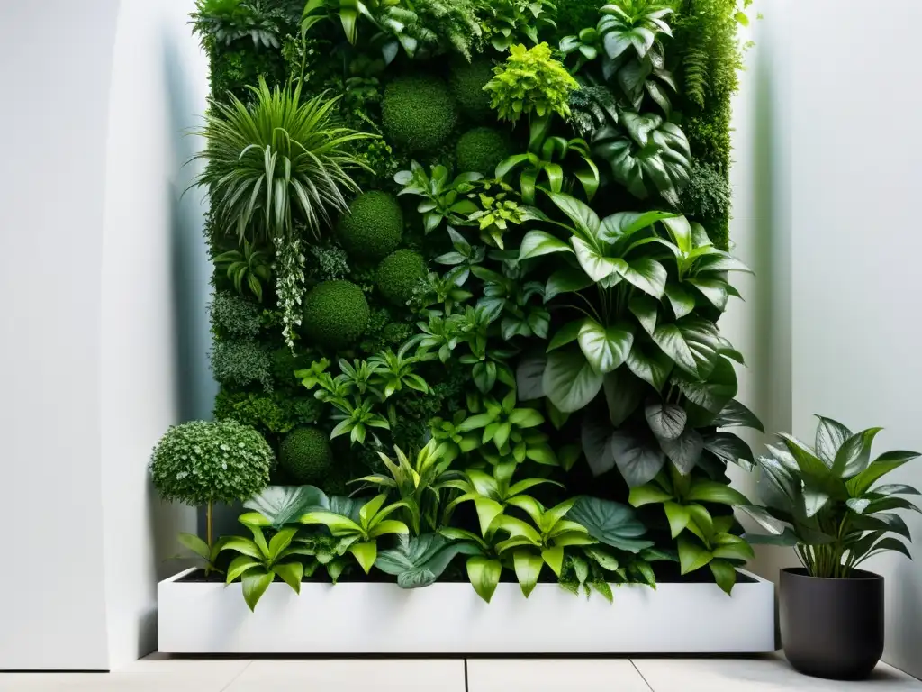 Un jardín vertical interior asombroso con plantas exuberantes en un diseño elegante y minimalista