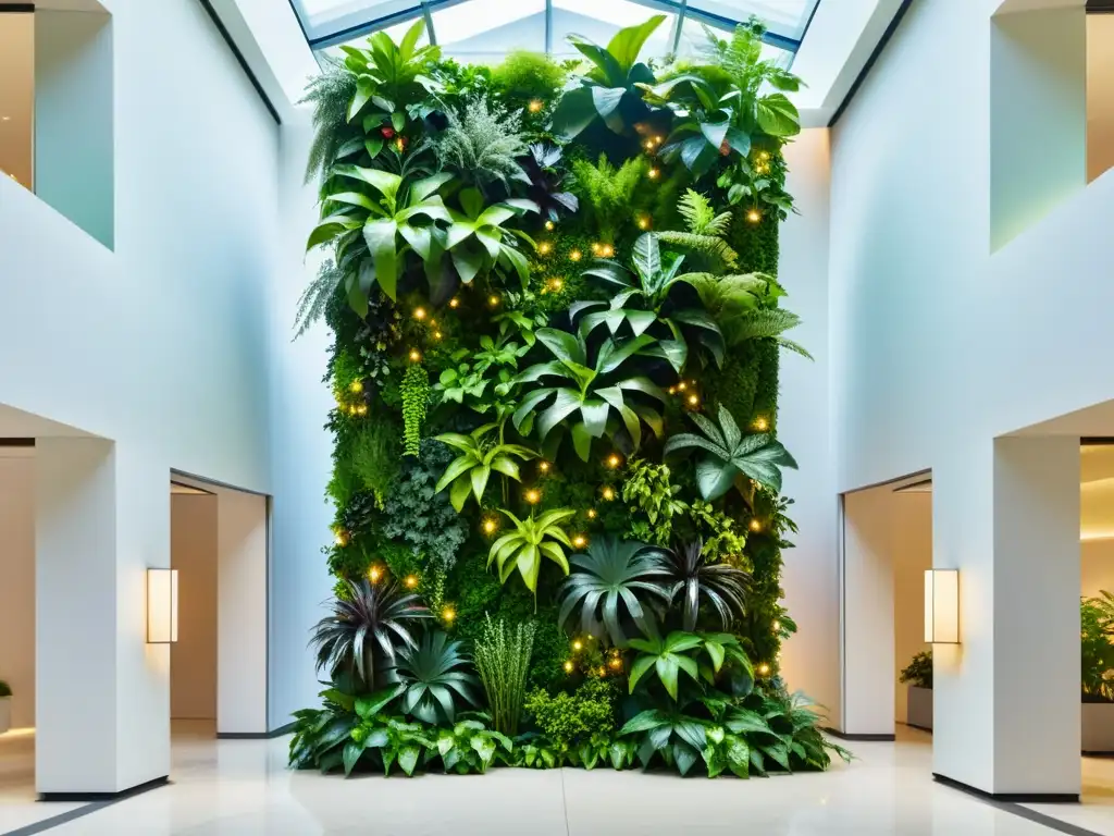 Jardín vertical interior deslumbrante y natural en atrio moderno, bañado por luz solar