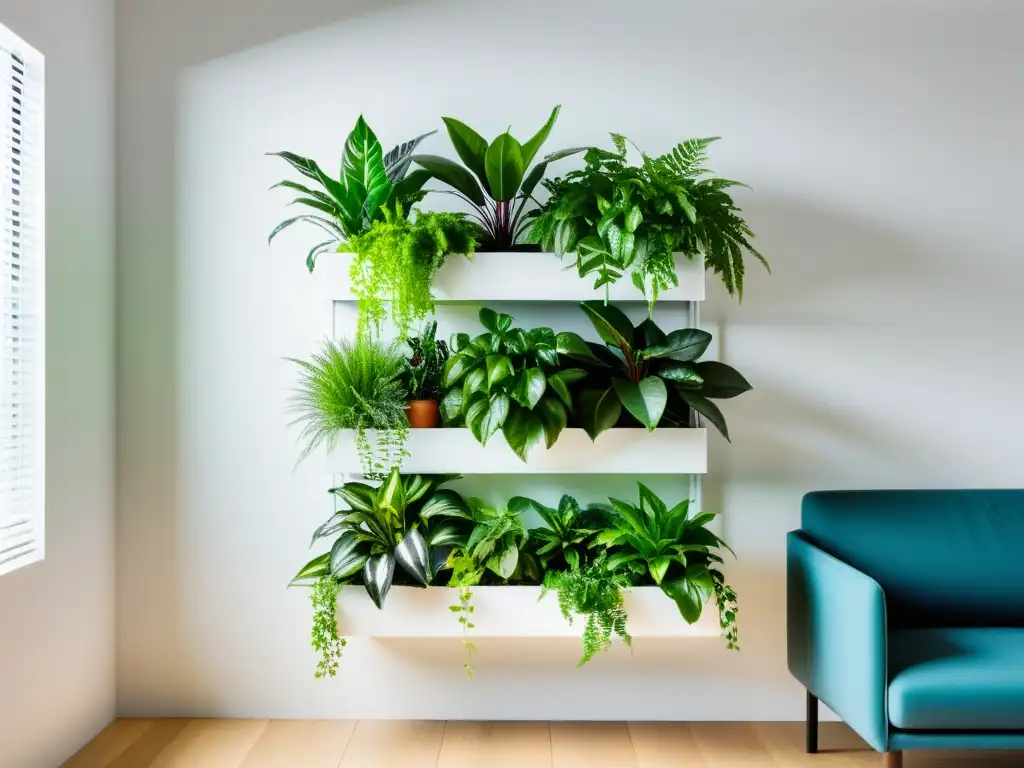 Un jardín vertical interior elegante y minimalista con una variedad de plantas verdes en estantería blanca