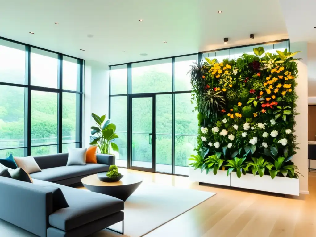 Jardín vertical interior con estantes colgantes en sala moderna inundada de luz natural y exuberante vegetación